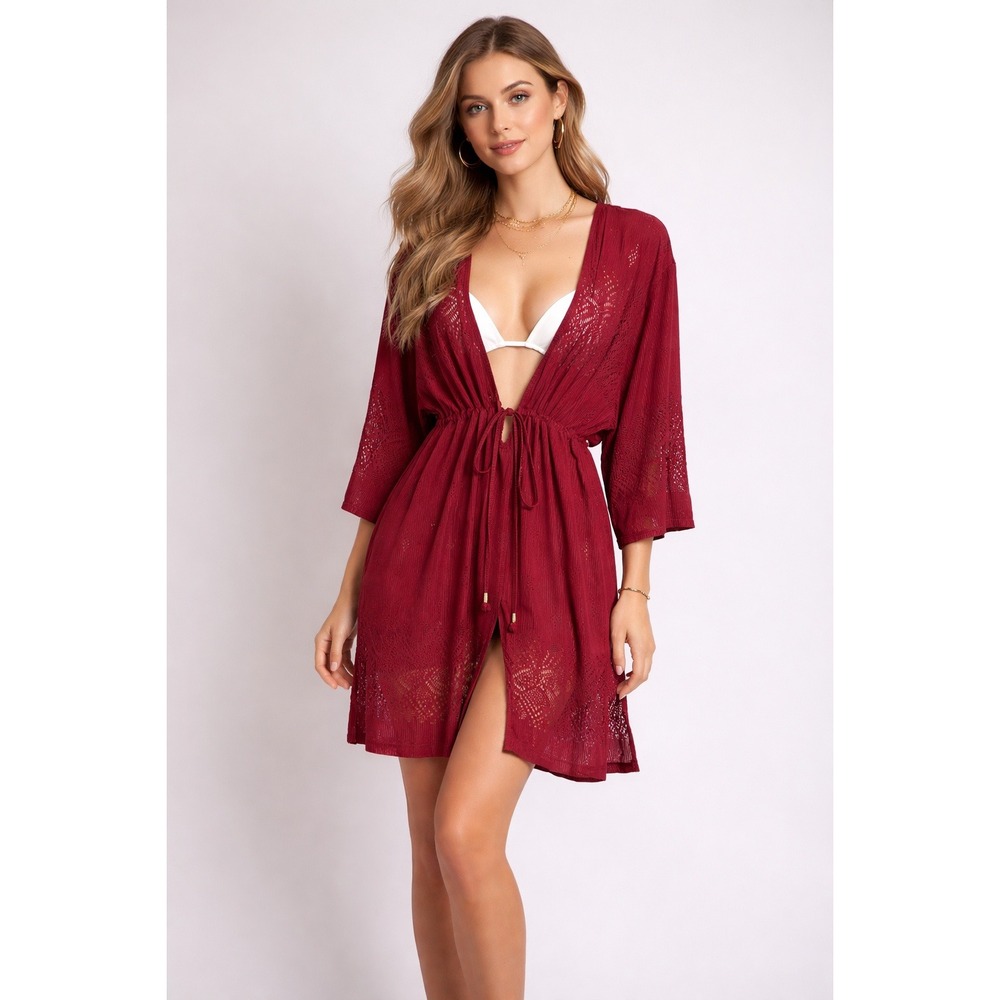 Dotti XL Burgundy Lace Cover Up Boho Kimono Tie Front Beach Resort Wear‎